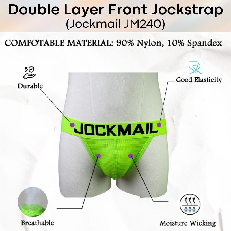 Men's Jockstrap: Double Front Pouch Layer Neon Sports Jockstrap (JM240)