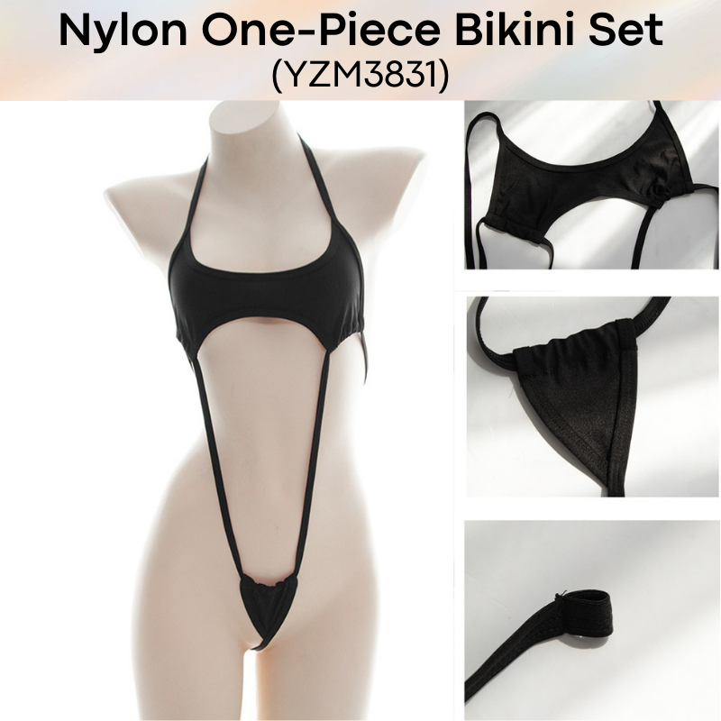 Unisex: Unisex Nylon One-Piece Bikini Set with Top and Thong Strip Underwear (YZM3831)