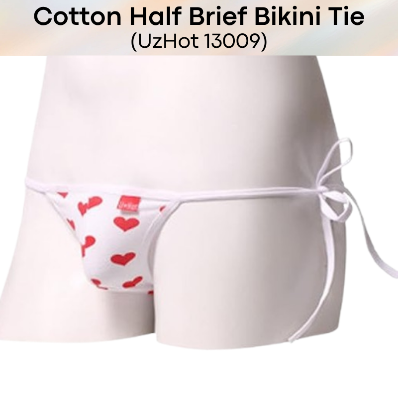 Men's Brief: Red Heart Print Bikini Tie Half Brief (UH13009)