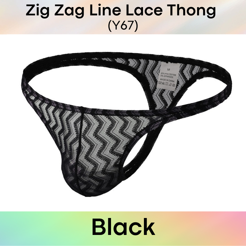 Men's Thong : Polyester Zig Zag Line Lace Thong (Y67)