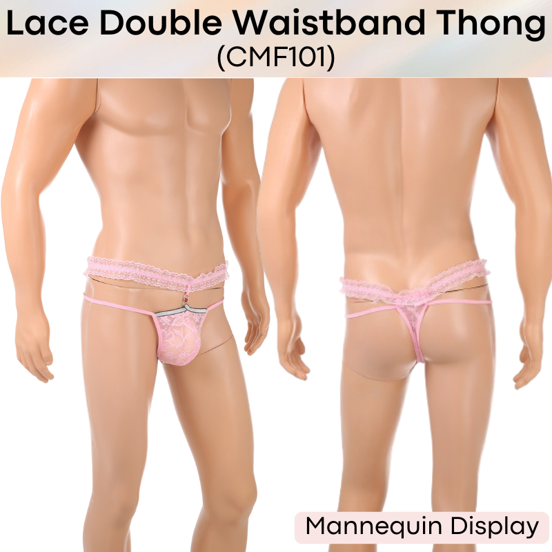 Men's Thong: Polyester Floral Lace Double Waistband Thong Underwear (CMF101)
