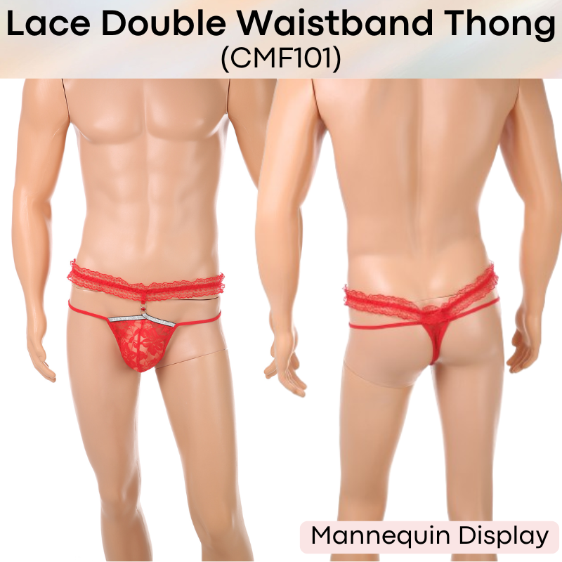 Men's Thong: Polyester Floral Lace Double Waistband Thong Underwear (CMF101)