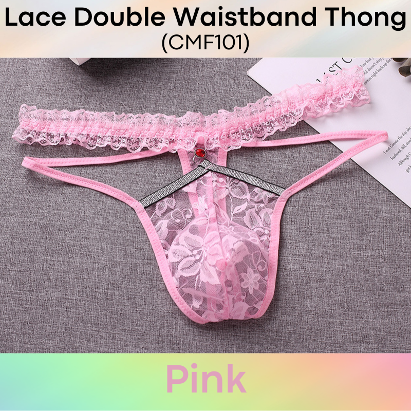 Men's Thong: Polyester Floral Lace Double Waistband Thong Underwear (CMF101)