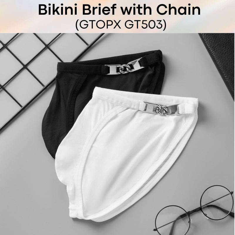 Men's Brief: Nylon Bikini Brief with Non-Removable Side Metal Chain (GT503)