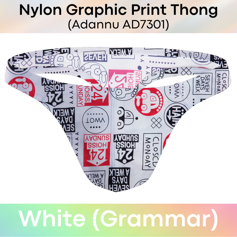 Men's Thong: Nylon Graphic Print Low Waist T Back Thong Underwear (AD7301)