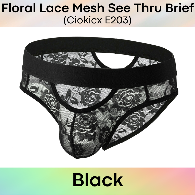 Men's Brief: Polyester Floral Lace Mesh See Through Brief Underwear (E203)