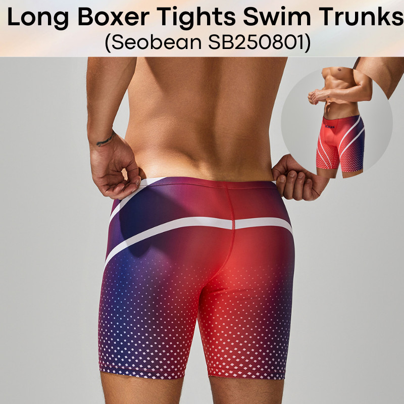 Men's Swim Trunks : Polyester Low Waist Long Boxer Tights Swim Trunks with Gradient Colour Print (Seobean SB250801)