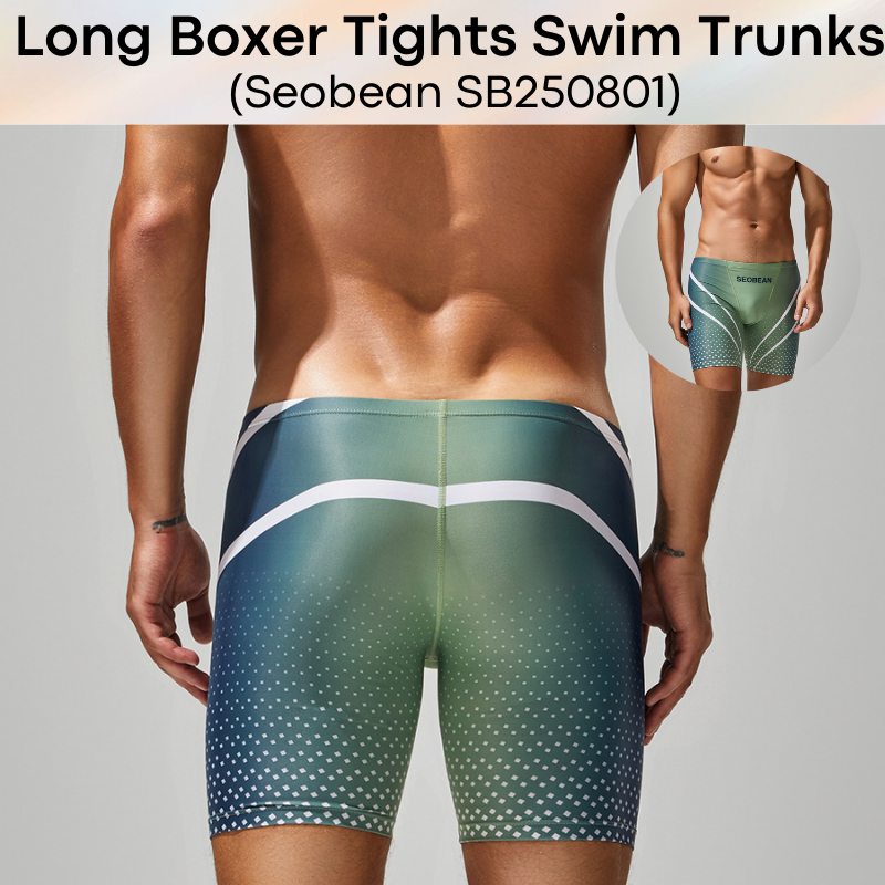 Men's Swim Trunks : Polyester Low Waist Long Boxer Tights Swim Trunks with Gradient Colour Print (Seobean SB250801)