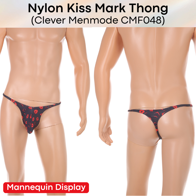 Men's Thong: Nylon Kiss Mark Print Low Waist Thong Underwear (CMF048)