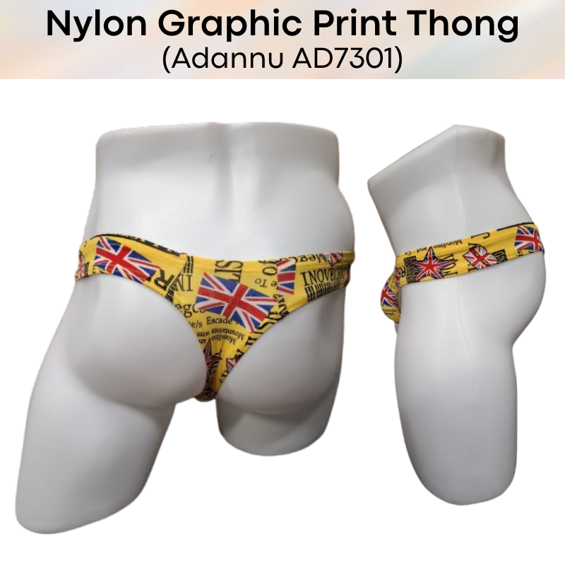 Men's Thong: Nylon Graphic Print Low Waist T Back Thong Underwear (AD7301)