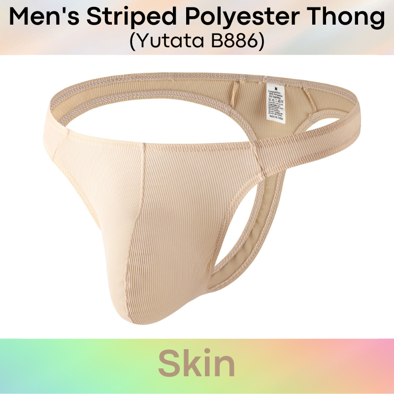 Men's Thong : Striped Pattern Polyester Thong with Close to Skin Front Large Pouch (Yutata B886)