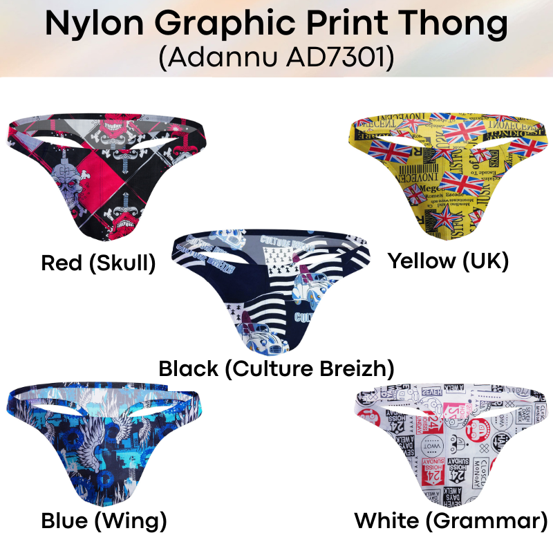 Men's Thong: Nylon Graphic Print Low Waist T Back Thong Underwear (AD7301)