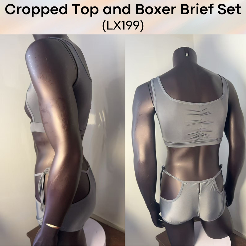 Men's Boxer: Polyester Gray Crop Top and Zipper Boxer Brief Set (LX199)