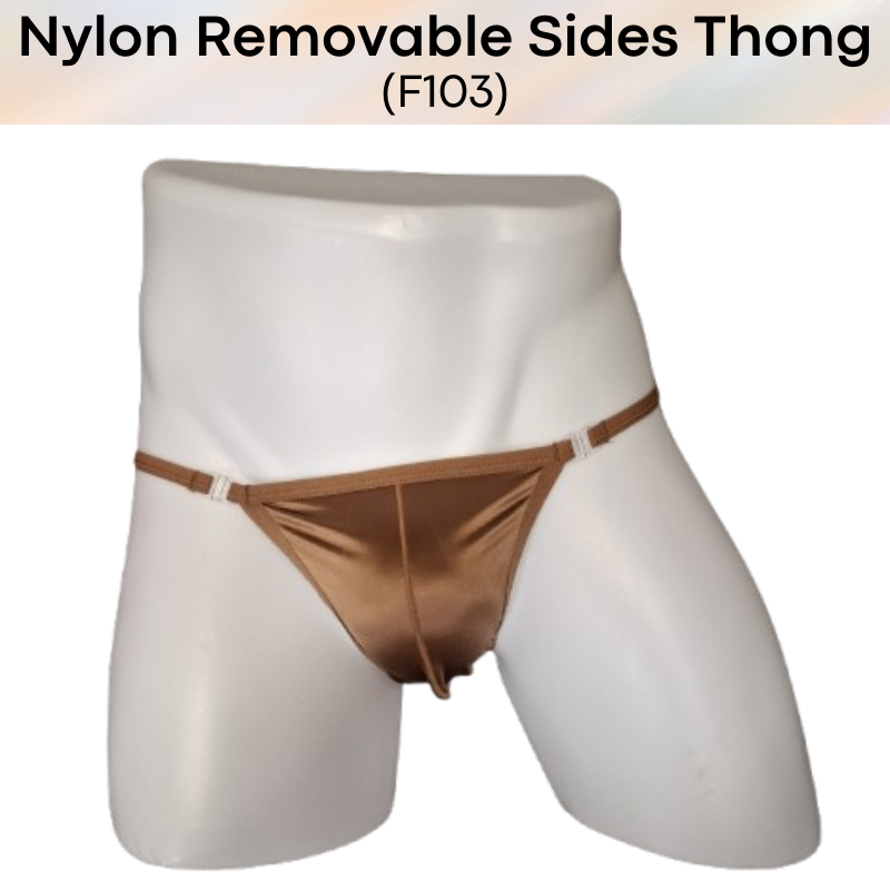 Men's Thong: Nylon Satin-Like Shiny Wide Thong with Removable Side Clip Buckle (F103)