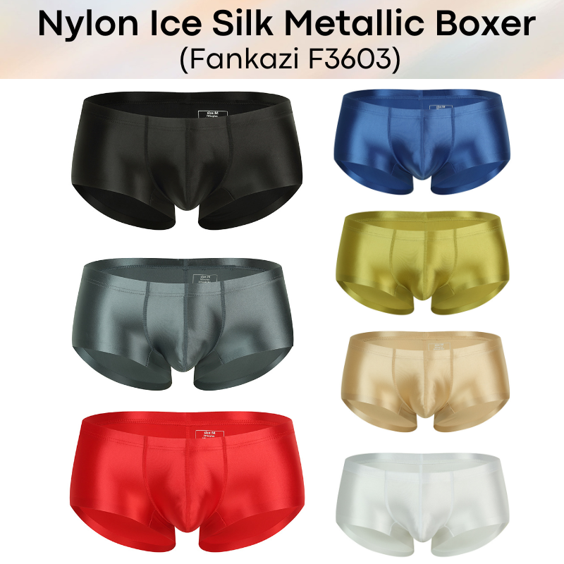 Men's Boxer: Nylon Ice Silk Tight Fit Low Rise Metallic Colour Boxer Brief Underwear (F3603)