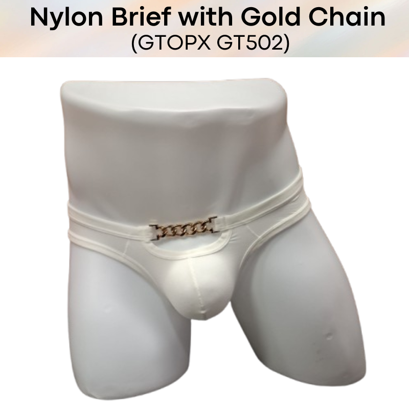 Men's Brief: Nylon Brief with Gold Metal Chain Accessory (GT502)