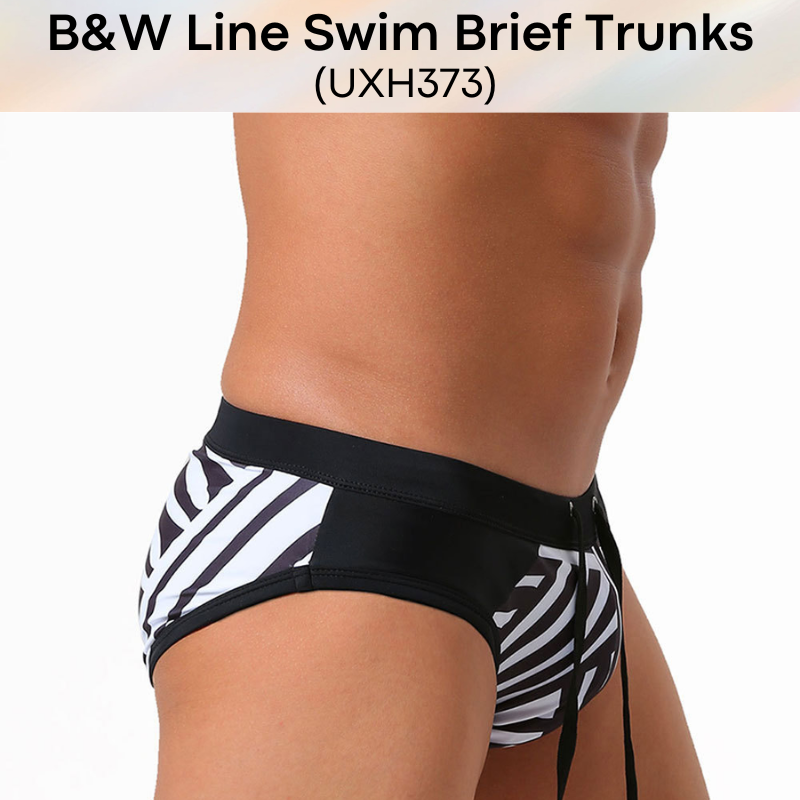 Men's Swim Trunks: Polyester B&W Irregular Line Print Swim Brief Trunks with Drawstring (UXH373)