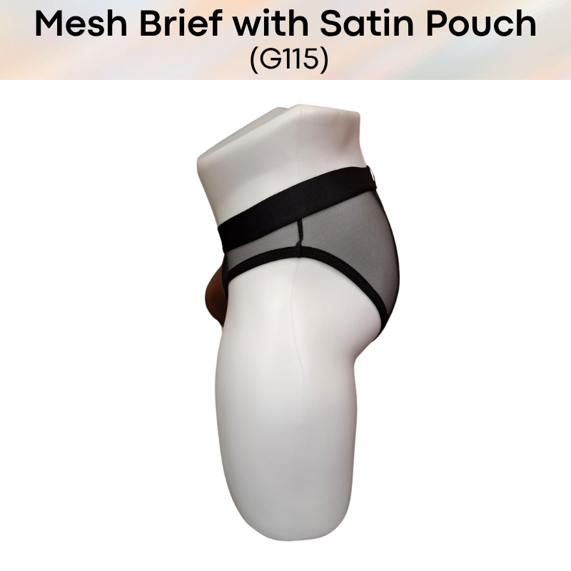 Men's Brief: Polyester Mesh See Through Brief with Satin Pouch Underwear (G115)