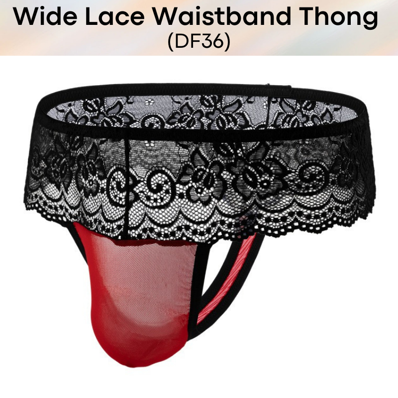 Men's Thong : Polyester Wide Lace Waistband with Mesh Pouch Thong (DF36)