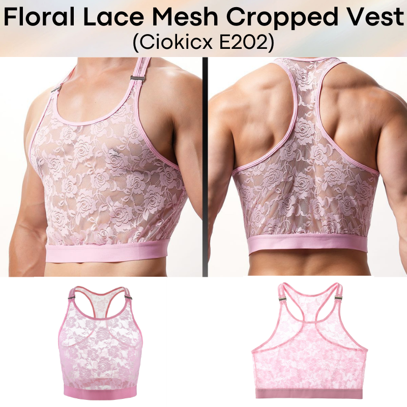 Men's Inner Tee: Polyester Floral Lace Mesh See Through Cropped Inner Vest with Removable Clip Underwear (E202)