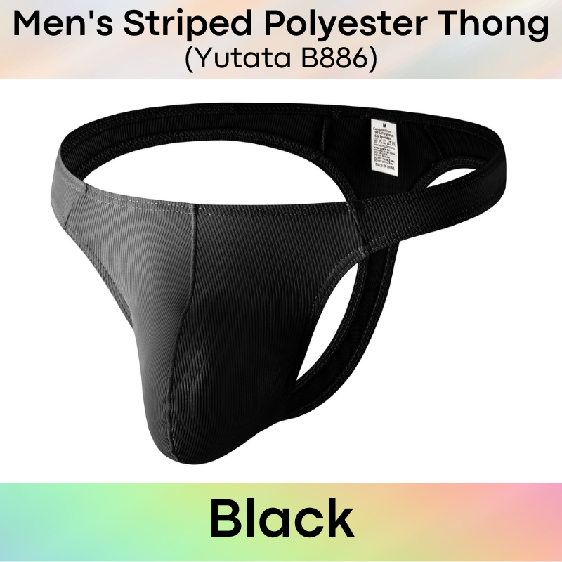 Men's Thong : Striped Pattern Polyester Thong with Close to Skin Front Large Pouch (Yutata B886)