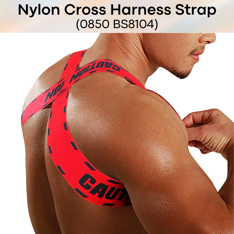 Men's Strap: Nylon Spandex Harness Back Cross Strap with Logo/Text "0850 Caution" (BS8104)