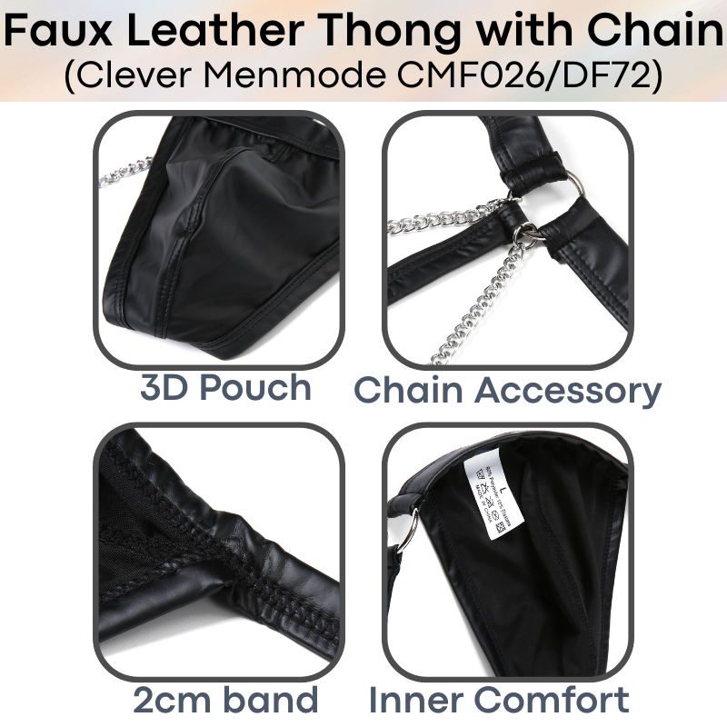 Men's Thong: Polyester Faux Leather Thong with Chain Accessory Underwear (CMF026/DF72)