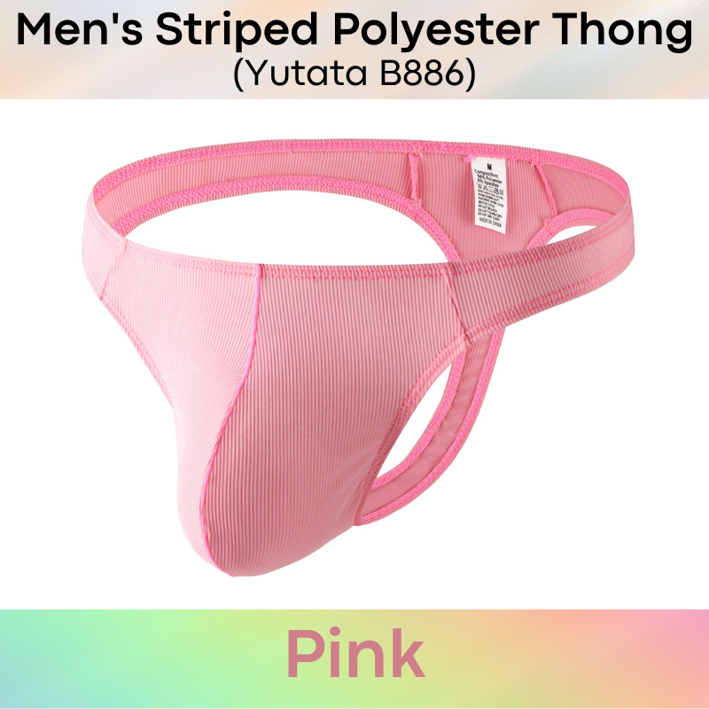 Men's Thong : Striped Pattern Polyester Thong with Close to Skin Front Large Pouch (Yutata B886)