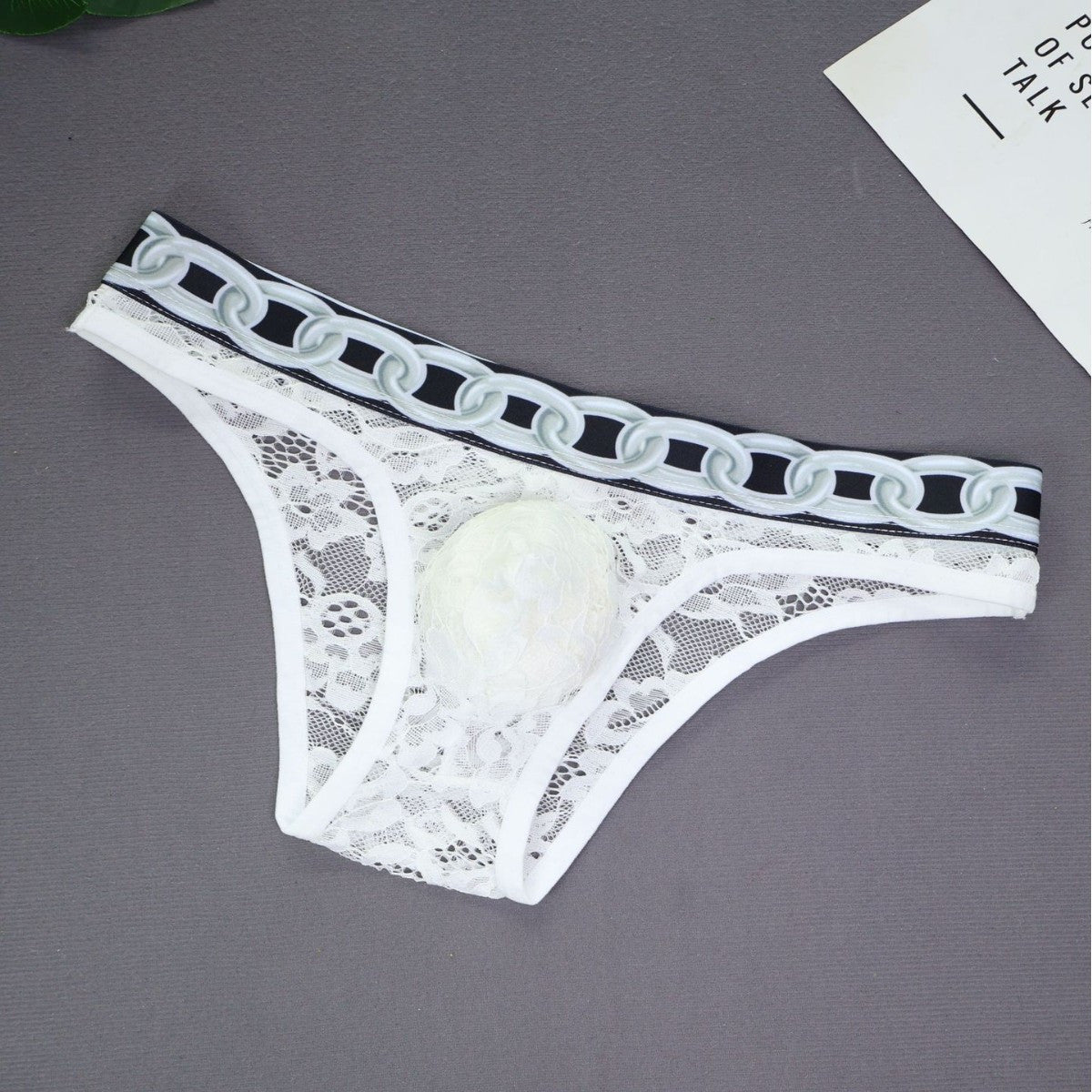 Men's Brief: Floral Lace with Chain Print Waistband Half Brief Underwear (CMF218)