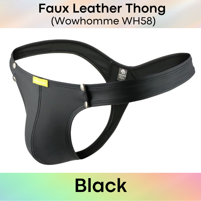 Men's Thong : Faux Leather Thong with Removable Pouch (Wowhomme WH58)