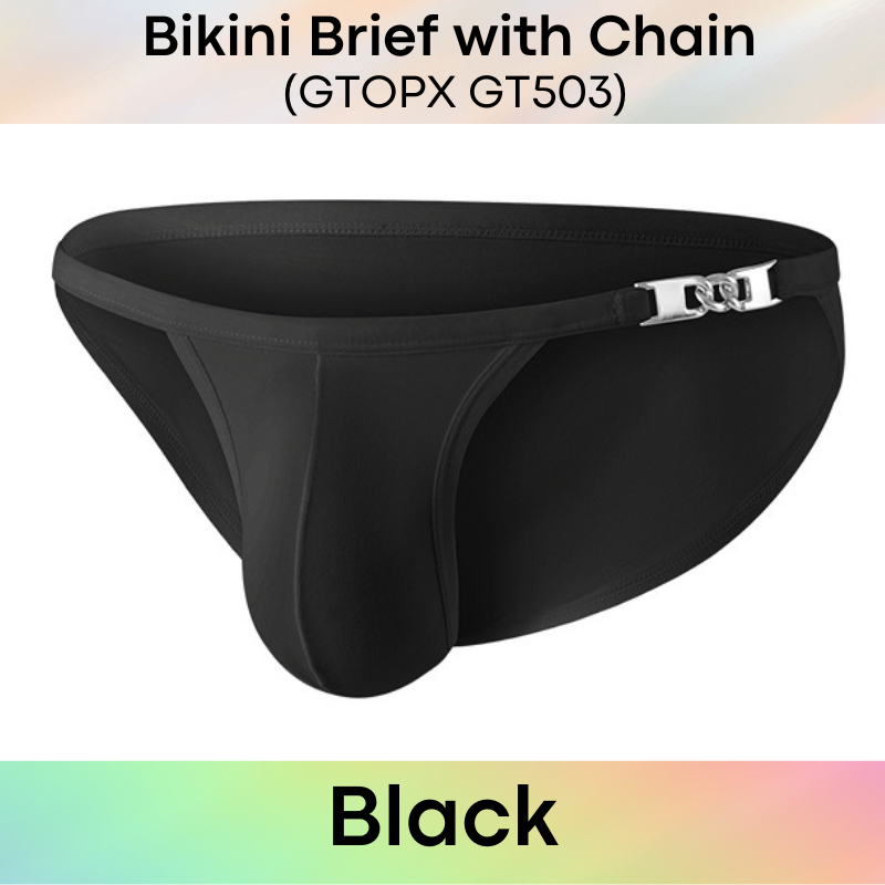 Men's Brief: Nylon Bikini Brief with Non-Removable Side Metal Chain (GT503)