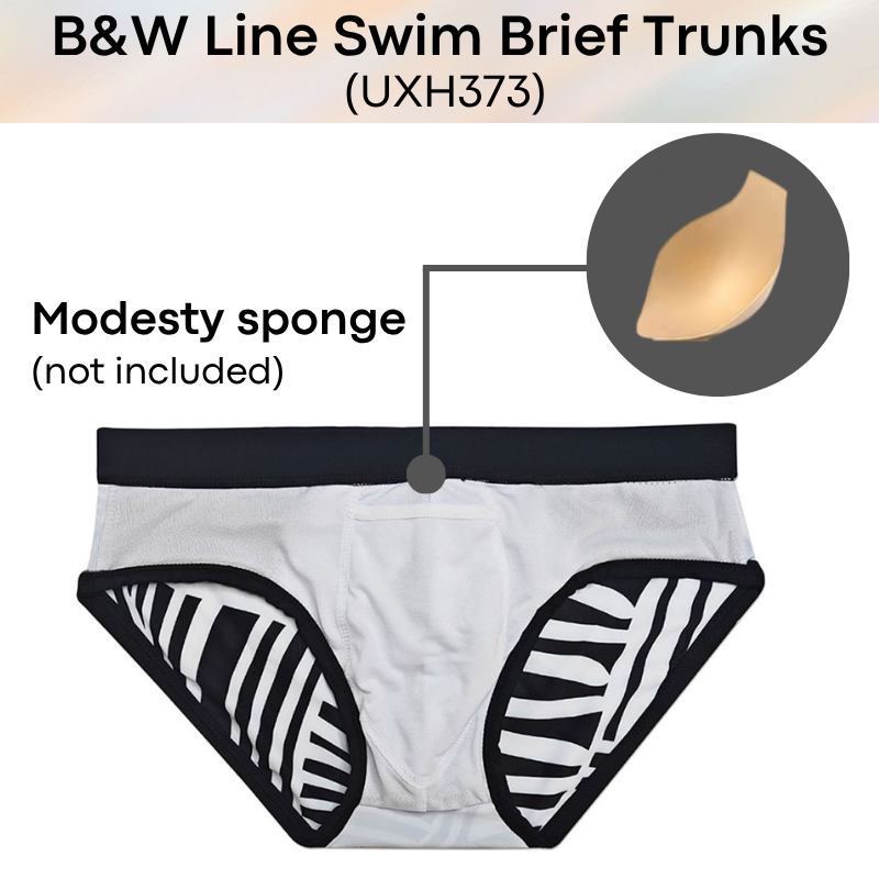 Men's Swim Trunks: Polyester B&W Irregular Line Print Swim Brief Trunks with Drawstring (UXH373)