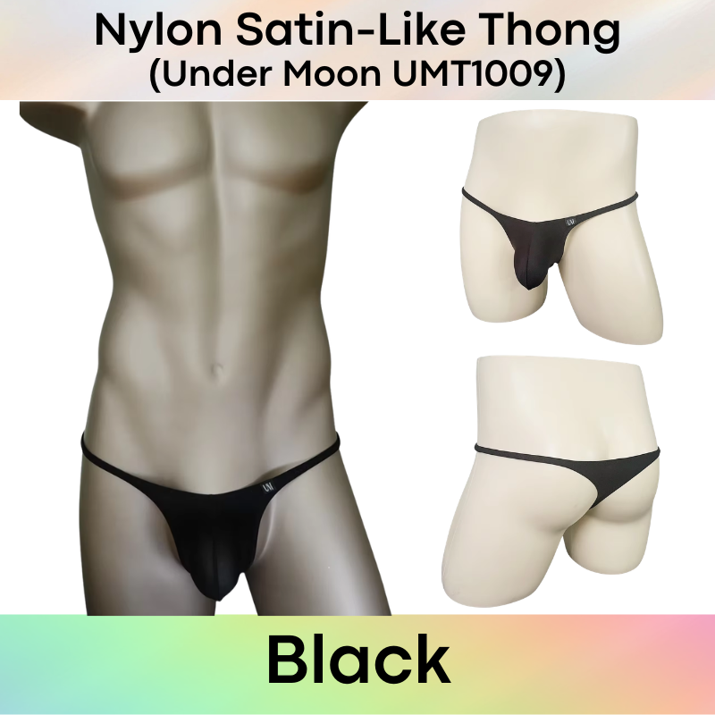 Men's Thong: Nylon Satin-Like Convex Pouch Low Waist Thong Underwear (UMT1009)