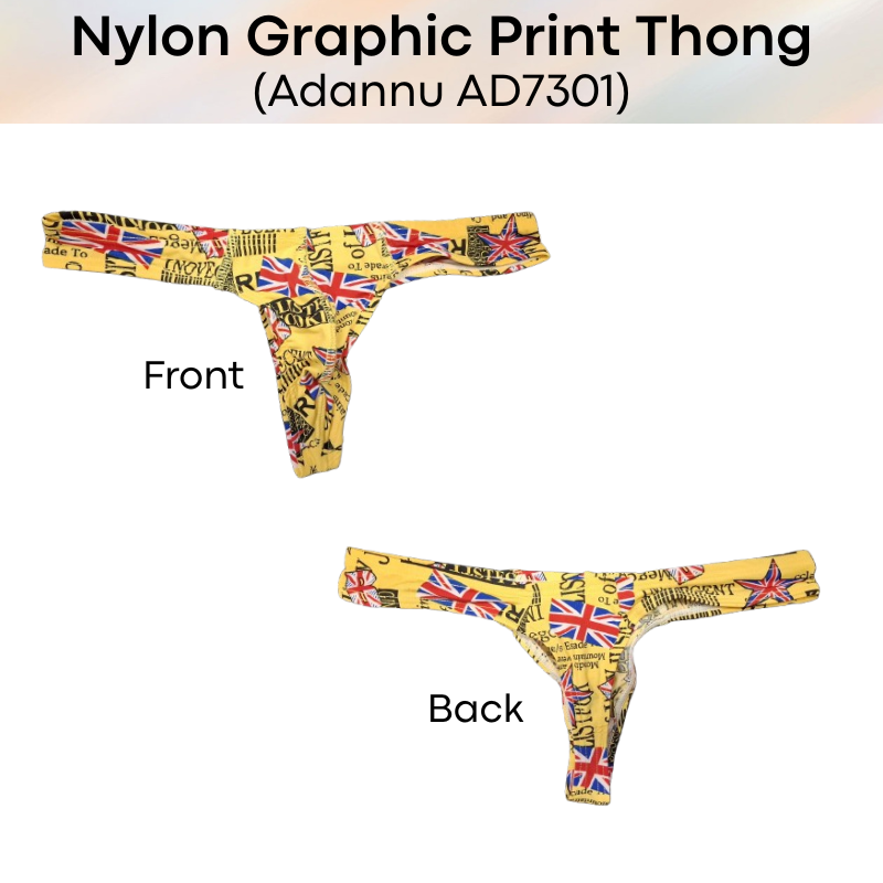 Men's Thong: Nylon Graphic Print Low Waist T Back Thong Underwear (AD7301)