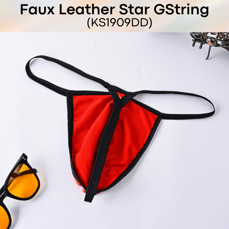 Men's GString: Polyester Faux Leather Star Print Design GString Underwear (KS1909DD)