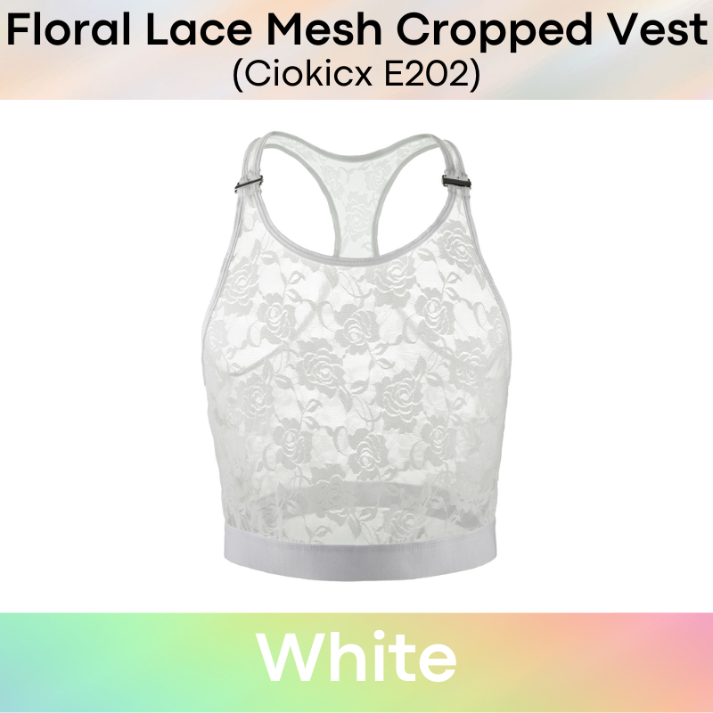 Men's Inner Tee: Polyester Floral Lace Mesh See Through Cropped Inner Vest with Removable Clip Underwear (E202)