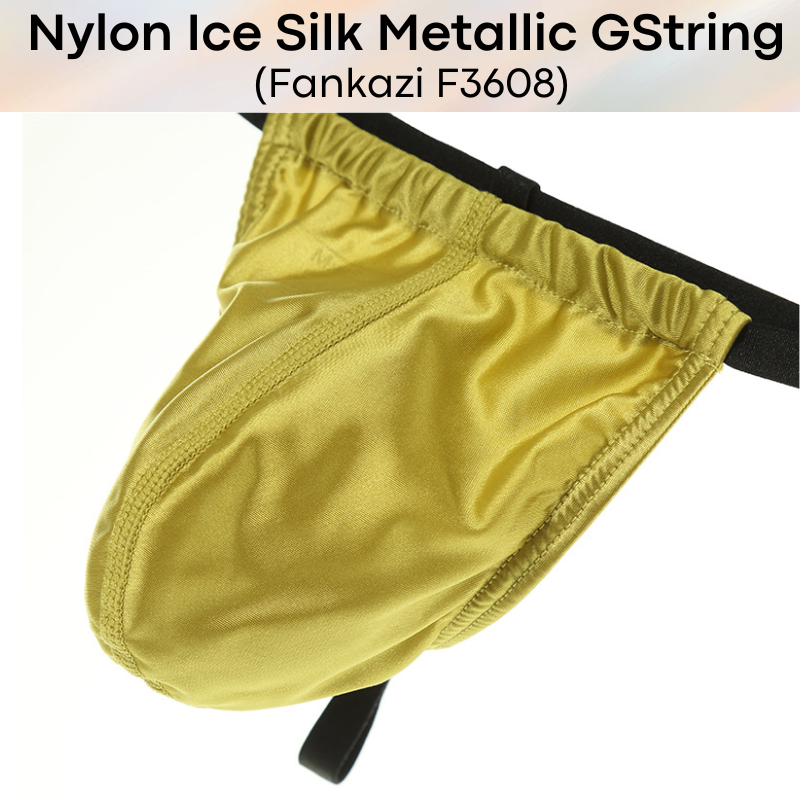 Men's GString: Nylon Ice Silk Slidable 3D Pouch Low Rise Metallic Colour GString Underwear (F3608)