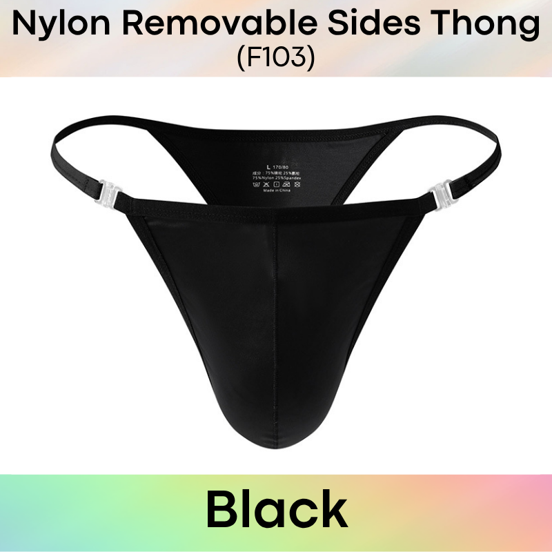 Men's Thong: Nylon Satin-Like Shiny Wide Thong with Removable Side Clip Buckle (F103)