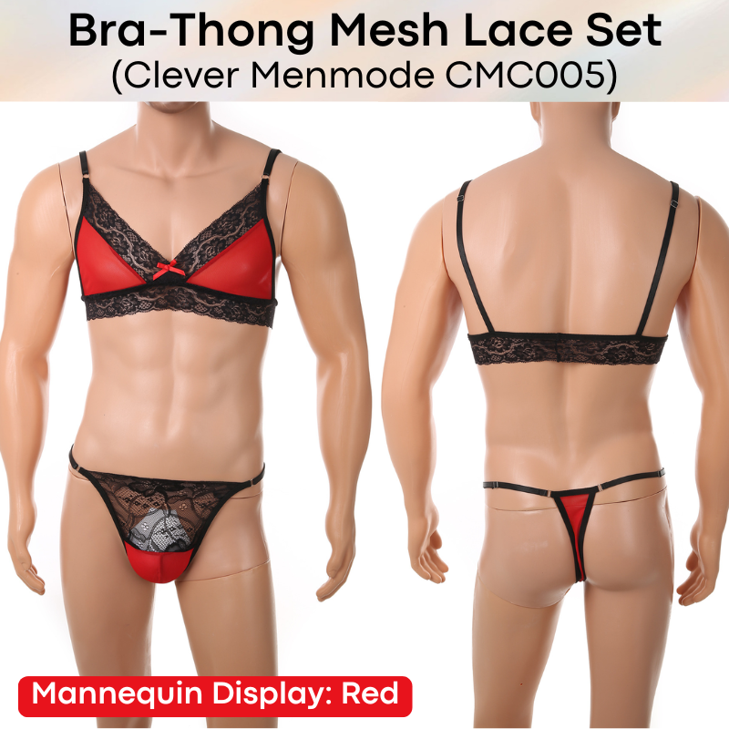 Men's Thong: Nylon Lace-Mesh Chest Bra and Thong Underwear Set (CMF006)