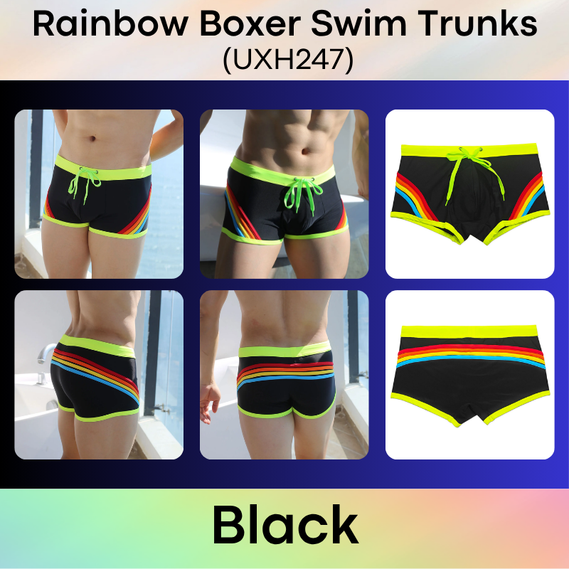 Men's Swim Trunks: Polyester Rainbow Sewn-on Boxer Brief Swimming Trunks (UXH247)