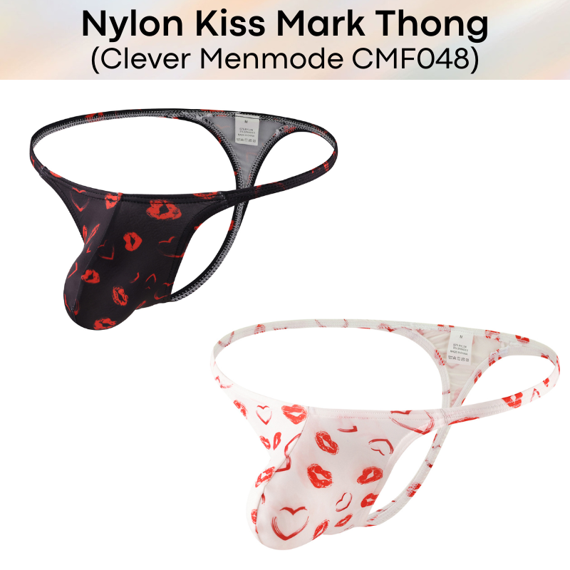 Men's Thong: Nylon Kiss Mark Print Low Waist Thong Underwear (CMF048)