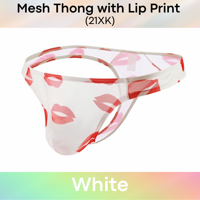 Men's Thong : Polyester Mesh Thong with Lip Print (21XK)