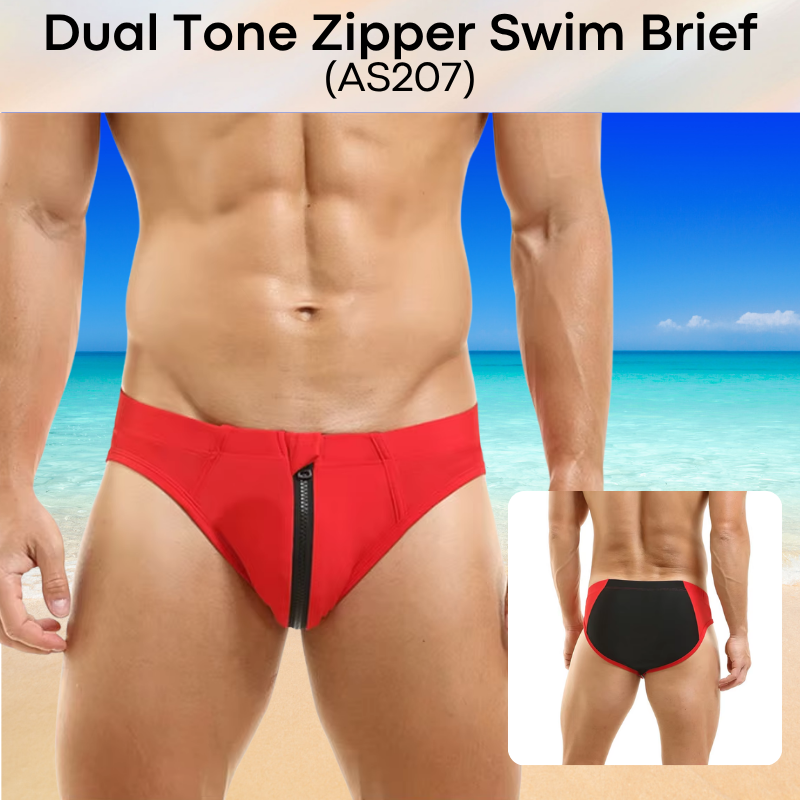 Men's Swim Trunks: Polyester Swim Brief Trunks with Zipper (AS207)