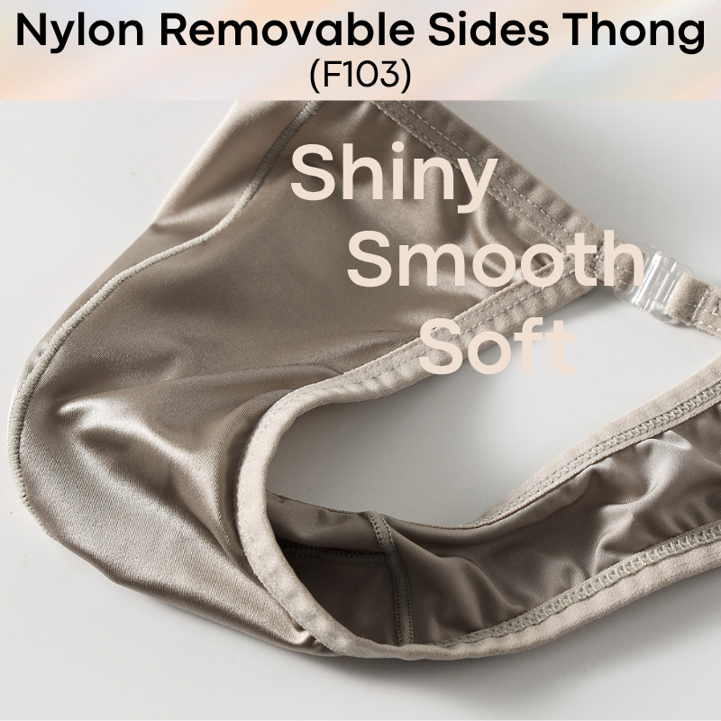 Men's Thong: Nylon Satin-Like Shiny Wide Thong with Removable Side Clip Buckle (F103)