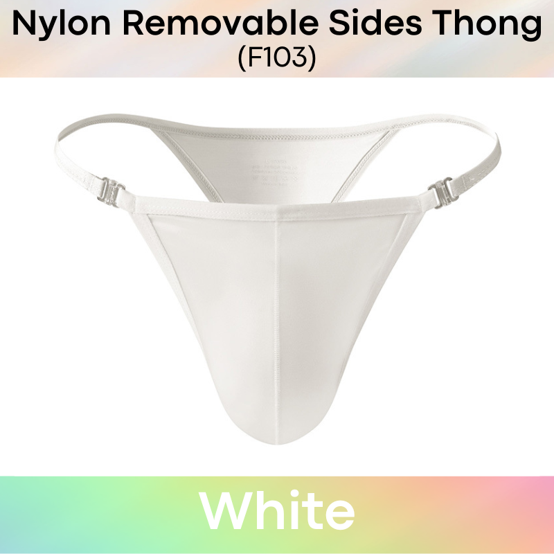 Men's Thong: Nylon Satin-Like Shiny Wide Thong with Removable Side Clip Buckle (F103)