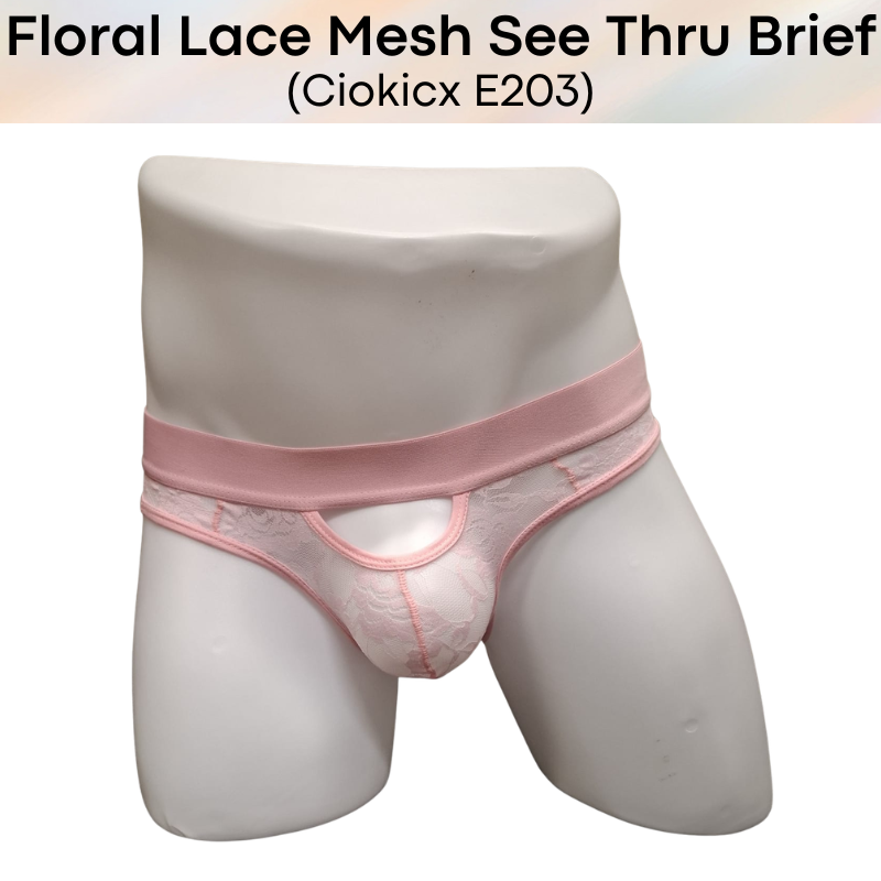 Men's Brief: Polyester Floral Lace Mesh See Through Brief Underwear (E203)