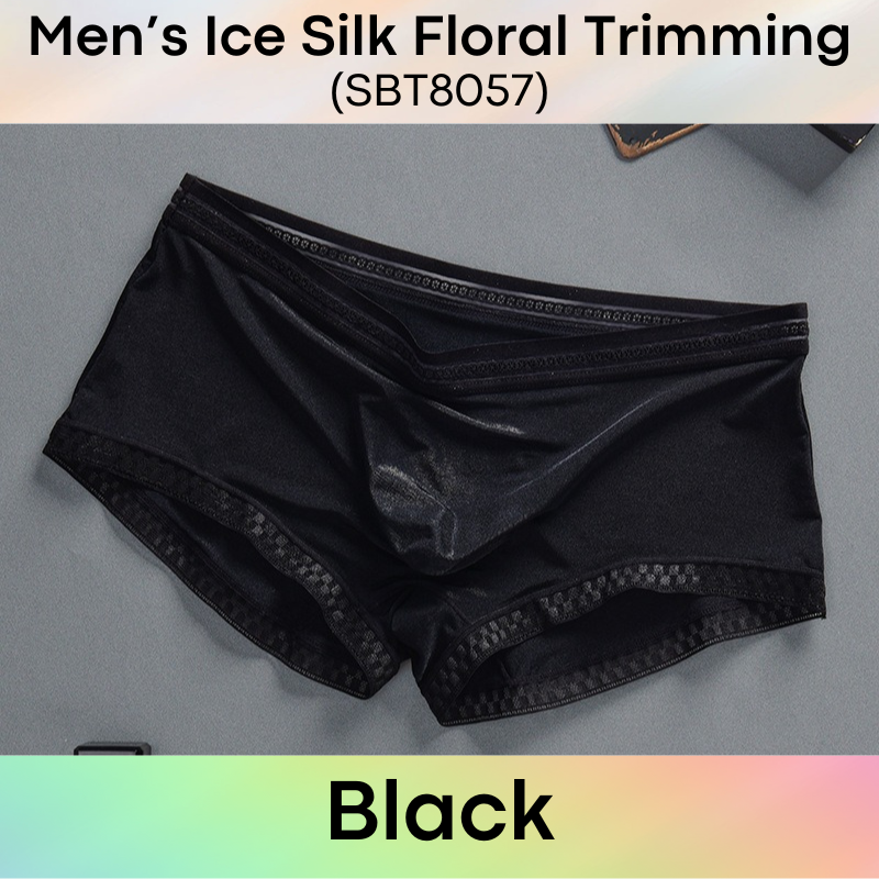 Men's Boxer : Ice Silk Floral Lace Trimming, Almost Translucent Boxer Brief Trunk (SBT8057)