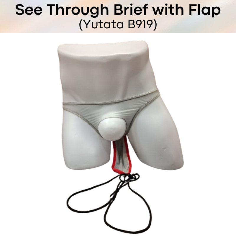 Men's Brief: Polyester Ice Silk Transluscent Brief with Open Flap and Neckline (B919)