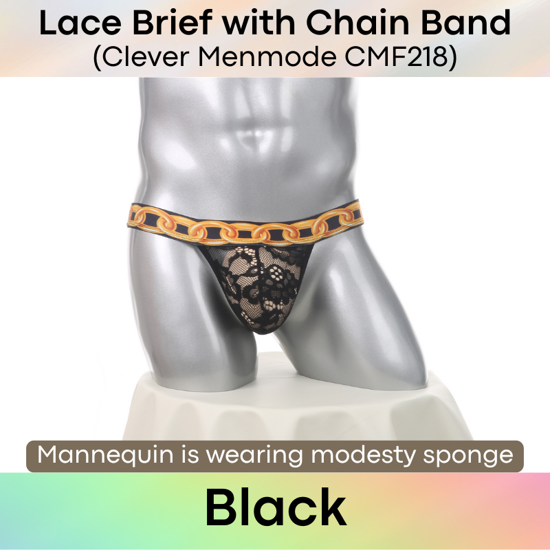 Men's Brief: Floral Lace with Chain Print Waistband Half Brief Underwear (CMF218)