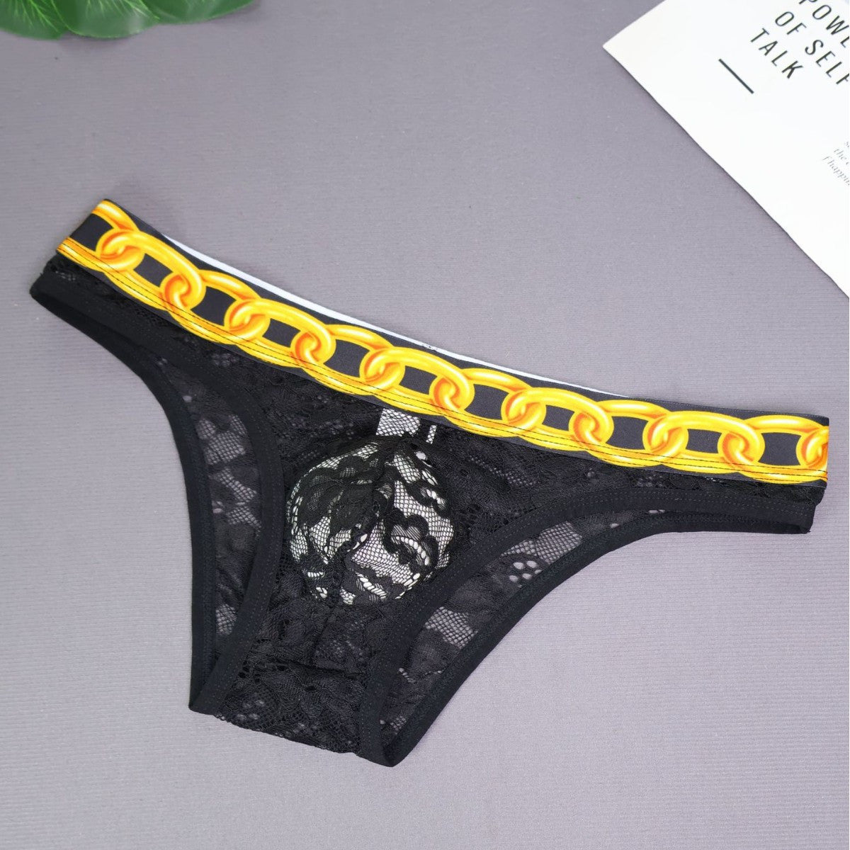 Men's Brief: Floral Lace with Chain Print Waistband Half Brief Underwear (CMF218)